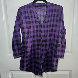 Miley Cyrus Purple And Black Checkered Button Down Flannel Blouse Small